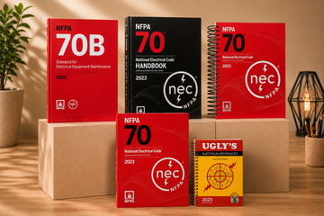 The 5 reference books every licensed electrician needs: NFPA 70 NEC 2023 paperback, NEC 2023 spiral-bound, NEC 2023 Handbook, NFPA 70B 2026 and Ugly's Electrical References 2023