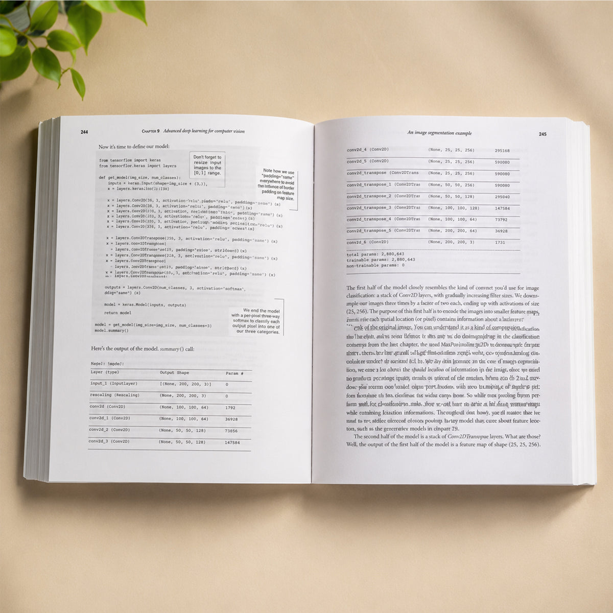 Deep Learning with Python 2nd Edition open book showing interior pages with Python code examples and explanations
