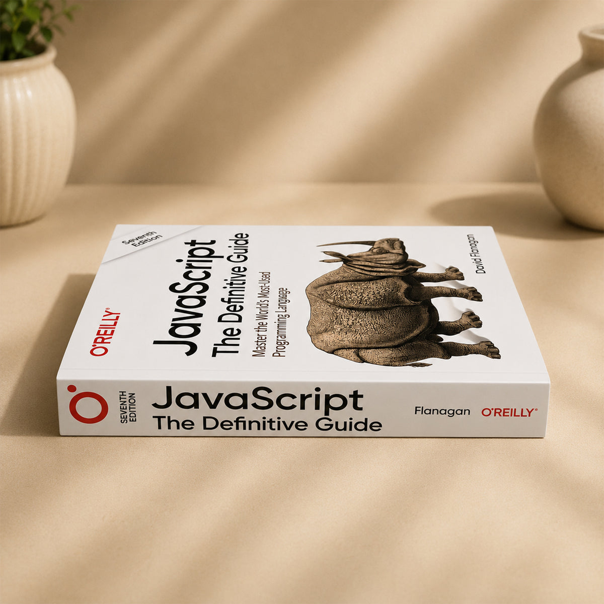 JavaScript: The Definitive Guide by David Flanagan – O'Reilly paperback lying flat showing cover and spine